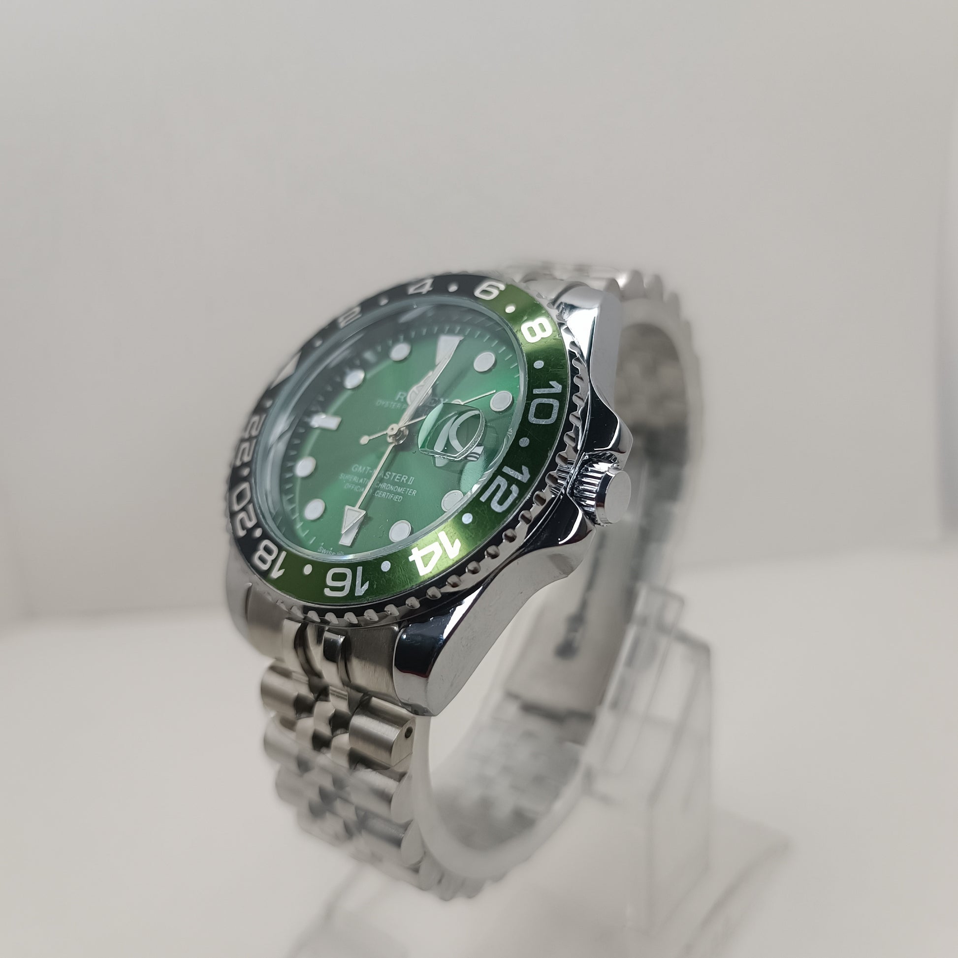 Luxury green sunburst dial GMT watch with stainless steel bracelet by ATTIXO